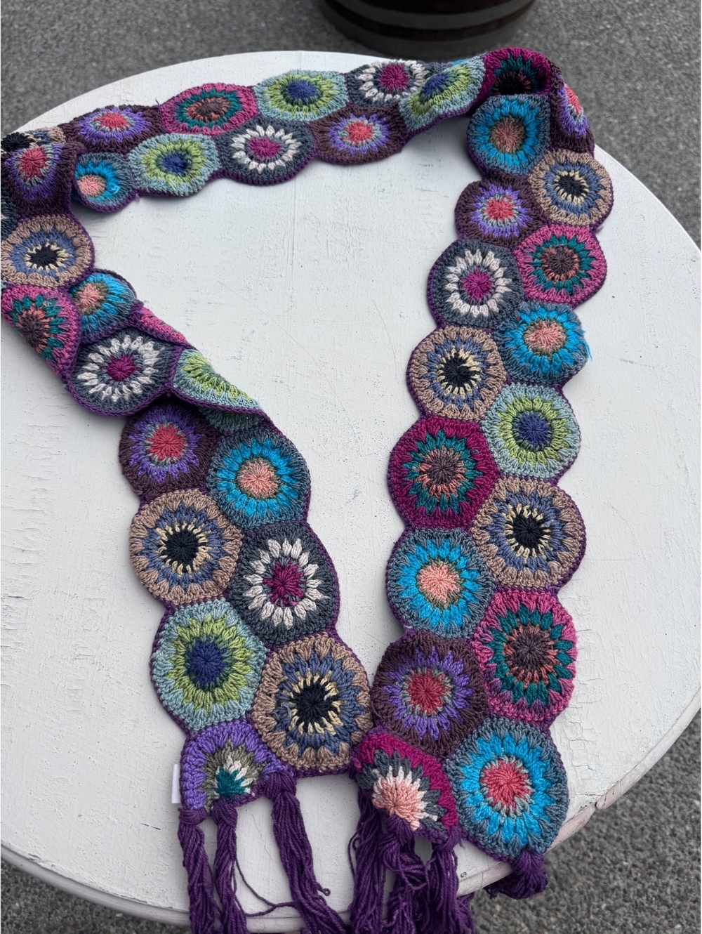 Handmade Crochet Granny Circle Scarf Multicolor Boho Festival Cottagecore Tassel